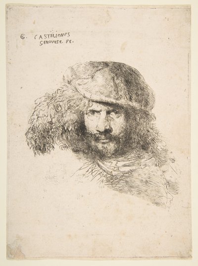 Cabeza de un hombre con gorra emplumada posiblemente Bernini, posiblemente un autorretrato de Giovanni Benedetto Castiglione