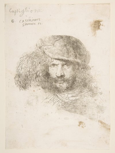 Cabeza de un hombre con un gorro con plumas posiblemente Bernini, posiblemente un autorretrato, ca. 1645-1650 de Giovanni Benedetto Castiglione
