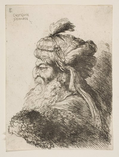 Cabeza de un anciano con turbante mirando a la izquierda, de la serie de Pequeñas Cabezas..., ca. 1645-1650 de Giovanni Benedetto Castiglione