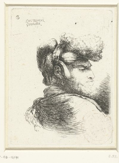 Cabeza de un hombre con un tocado adornado con pieles
Pequeño estudio de cabezas con tocados orientales (título de la serie) de Giovanni Benedetto Castiglione