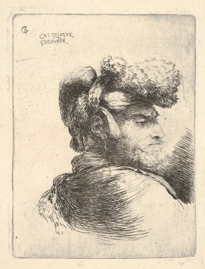 Hombre de perfil mirando a la derecha, con un sombrero de piel, de la serie de Pequeñas Cabezas en Oriente, ca. 1645-1650 de Giovanni Benedetto Castiglione
