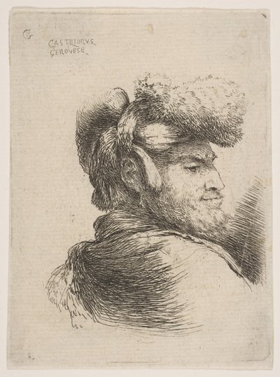 Hombre de perfil mirando a la derecha, con sombrero de piel, de la serie de Cabezas Pequeñas en Oriente, ca. 1645-50 de Giovanni Benedetto Castiglione
