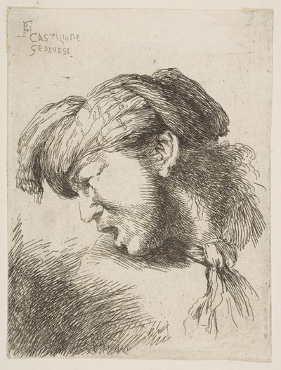 Hombre con turbante, una corbata atada alrededor de su cuello, mirando a la izquierda, de la serie de..., 1645-1650 de Giovanni Benedetto Castiglione