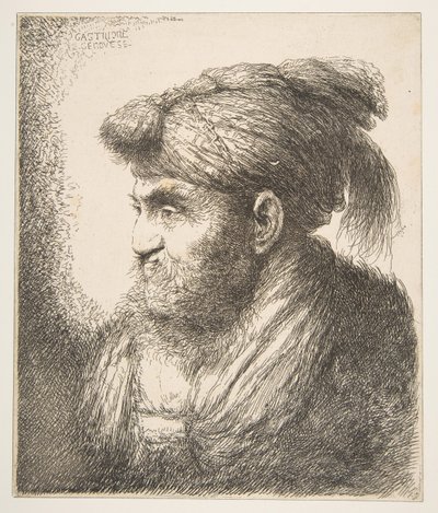 Hombre con turbante mirando a la izquierda, de la serie de Grandes Cabezas Orientales, ca. 1645-50 de Giovanni Benedetto Castiglione