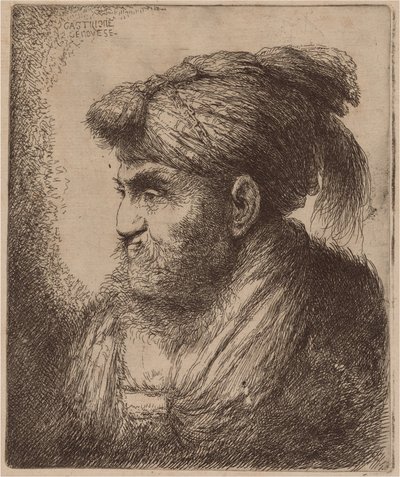 Hombre con barba y tocado con borlas, mirando a la izquierda de Giovanni Benedetto Castiglione