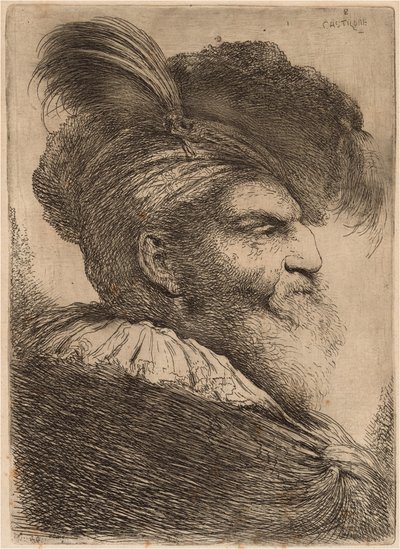 Hombre con barba larga y tocado, mirando a la derecha de Giovanni Benedetto Castiglione