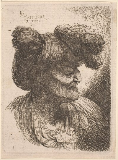 Viejo con turbante adornado con piel, mirando a la derecha de Giovanni Benedetto Castiglione