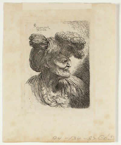 Viejo con Turbante Adornado con Piel, Mirando a la Derecha, de Pequeños Estudios de Cabezas con Tocados Orientales de Giovanni Benedetto Castiglione