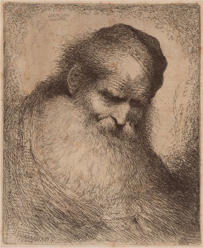 Viejo con barba larga y gorro, inclinado hacia adelante de Giovanni Benedetto Castiglione