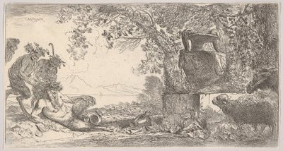 Pan reclinado a la izquierda con dos sátiros de pie, un gran jarrón en un pedestal a la derecha de Giovanni Benedetto Castiglione