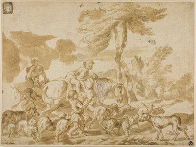 Familia campesina con ovejas y perro de Giovanni Benedetto Castiglione