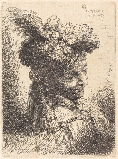 Joven con tocado de piel y cinta en la frente, mirando hacia la derecha de Giovanni Benedetto Castiglione