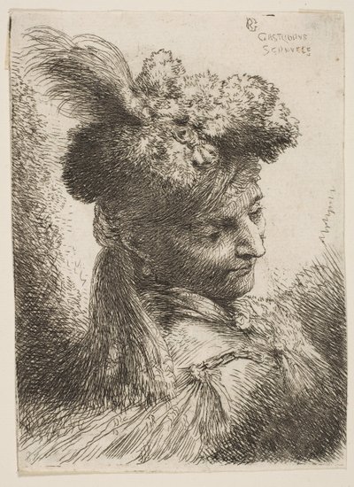 Joven mirando tres cuartos a la derecha con un tocado de piel con una pluma, joya ..., ca. 1645-1650 de Giovanni Benedetto Castiglione