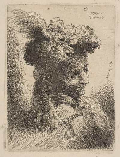Joven de tres cuartos a la derecha con un tocado de piel con una pluma, joya de Giovanni Benedetto Castiglione
