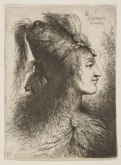 Joven con turbante emplumado, mirando a la derecha, de la serie de Cabezas Pequeñas de Giovanni Benedetto Castiglione