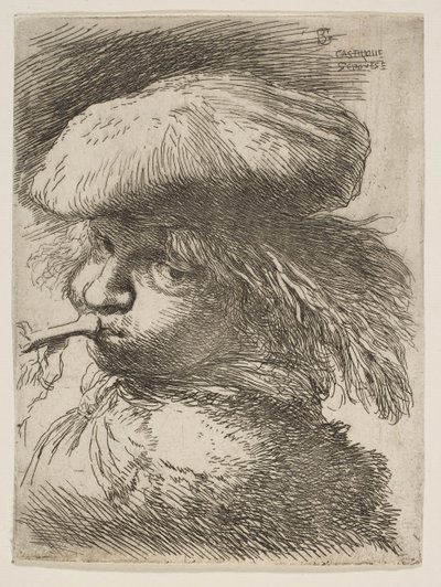 Joven con una trompeta mirando a la izquierda, de la serie de Pequeñas Cabezas en Oriental de Giovanni Benedetto Castiglione