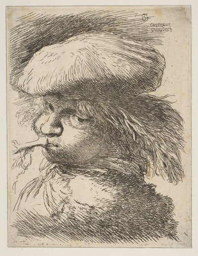 Joven con trompeta mirando a la izquierda (de la serie de Pequeñas cabezas en oriental) de Giovanni Benedetto Castiglione
