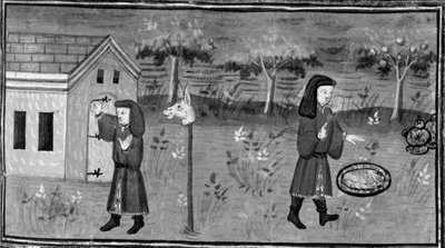 Decamerón,Frédéric llama a la puerta de Madame Tessa; el hombre encuentra comida y vino bajo un melocotonero. Séptimo día, cuento 1 de Giovanni Boccaccio