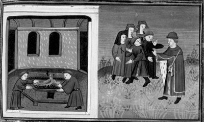 Decameron, Giovanni del Bragoniera y Biagio Pizzini roban la reliquia al hermano Ciboule; el fraile marca las ropas de los aldeanos con las brasas. Sexto día, noticia 10 de Giovanni Boccaccio