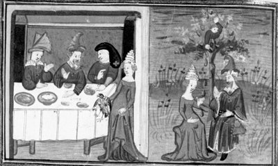 Decamerón,Lidia mata al gavilán de su marido; la esposa conversa con su marido en el prado. Séptimo día, noticia 9 de Giovanni Boccaccio