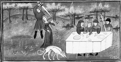 Decamerón, Hombres en un banquete observan cómo un caballero ataca a una joven. Quinto día, cuento 8 de Giovanni Boccaccio