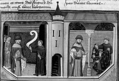 Decamerón, Ermino Grimaldi interroga a Guillaume Borsiere; Guillaume le muestra la imagen de la Cortesía. Primer día, noticia 8. de Giovanni Boccaccio