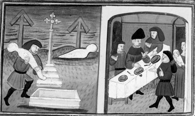 Decamerón, Gentile Carisendi salva a Catalina de la tumba; el hombre presenta a la mujer y a su hijo a los invitados. Décimo día, cuento 4 de Giovanni Boccaccio