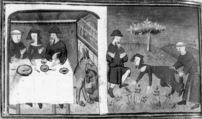 Decamerón, Gianni di Barolo está sentado a la mesa con Pietro da Tresanti y su mujer; Gianni intenta atar la cola de la mujer. Día nueve, cuento 10 de Giovanni Boccaccio