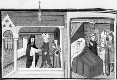Decamerón, Madame Piccarda visita al párroco de Fiesole; el párroco es sorprendido por el obispo en la cama con la criada. Octavo día, cuento 4 de Giovanni Boccaccio