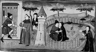 Decamerón, Masetto pide permiso al guardián para entrar en el convento; Masetto besa a una monja. Tercer día, cuento 1 de Giovanni Boccaccio