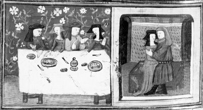 Decamerón, Spinelloccio y Zeppa se sientan a la mesa con sus esposas; Zeppa besa a la esposa de Spinelloccio. Octavo día, cuento 8 de Giovanni Boccaccio