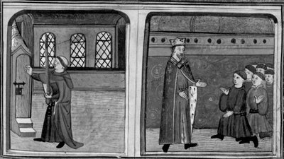 Decamerón, Un mozo llama a la puerta de la reina disfrazado de rey; el rey se enfrenta a sus criados. Tercer día, cuento 2 de Giovanni Boccaccio