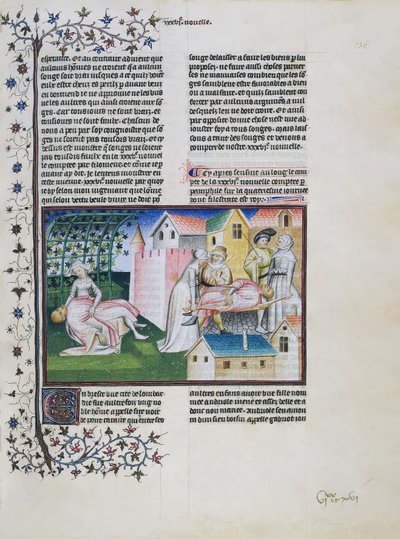 Gabriotto muere en brazos de Andreuola, Andreuola lleva su cuerpo a casa y es arrestada, Andreuola es proclamada inocente y se hace monja, miniatura de El Decamerón, Cuarta jornada, Sexto cuento, de Giovanni Boccaccio (1313-1375). de Giovanni Boccaccio
