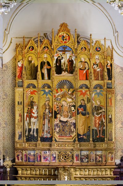 Políptico con la Virgen y el Niño entronizados entre San Eustaquio, San Pedro, Santiago el Mayor, San Venancio, Beato Guardato, San Nicolás de Bari, crucifixión de Cristo, San Sebastián y San Eleuterio, Historias de la vida de San Eu de Giovanni Boccati or Boccatto