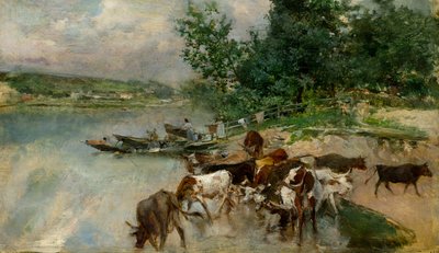 Bebiendo en el Sena, c.1874-75 (óleo sobre tabla) de Giovanni Boldini