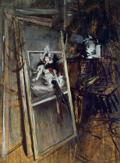 Dentro del estudio del pintor con la pintura Joven Chica, Errazuriz de Giovanni Boldini