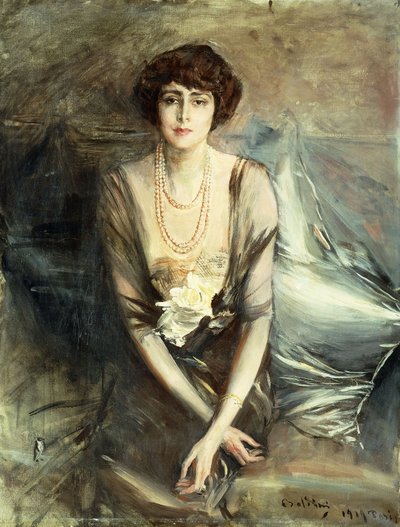 Retrato de la Sra. George McFadden sentada, tres cuartos de longitud de Giovanni Boldini