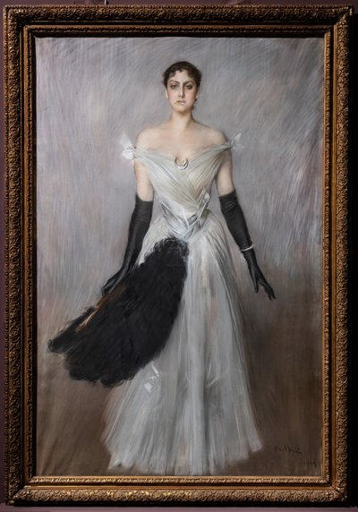 Retrato de una dama de blanco con guantes y abanico de Giovanni Boldini
