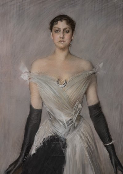 Retrato de una dama de blanco con guantes y abanico, detalle de Giovanni Boldini