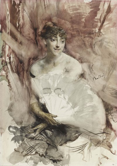 Mujer con abanico sentada en un palco de teatro Condesa de Rasti, ca 1878 de Giovanni Boldini