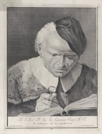 Hombre con sombrero leyendo un libro con una lupa, 1743 de Giovanni Cattini