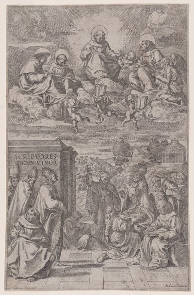 Eclesiásticos en un paisaje escribiendo, otros en el reino celestial arriba de Giovanni Cesare Testa