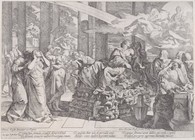 El suicidio de Dido que yace en una pira en el centro, rodeada de muchas figuras, 1650-55 de Giovanni Cesare Testa