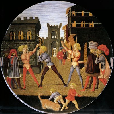 Juego llamado civettino, detalle del frente de la bandeja de nacimiento (pintura redonda), circa 1450 de Giovanni Di Ser Giovanni Lo Scheggia Guidi