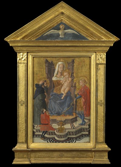 Virgen y Niño en el trono, con los santos Antonio Abad y Julián y un donante (pedimento arriba - Espíritu Santo), c.1430 de Giovanni Di Ser Giovanni Lo Sheggia (attr. to) Guidi
