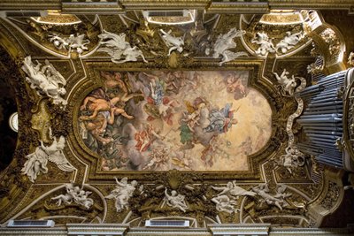 Bóveda de la iglesia de Santa Maria della Vittoria en Roma, fresco que representa la victoria de la Virgen María sobre la herejía, la caída de los ángeles rebeldes, realizado en 1675 por Giovanni Domenico Cerrini (1609-1681), Construcción del siglo XVII, r de Giovanni Domenico Cerrini