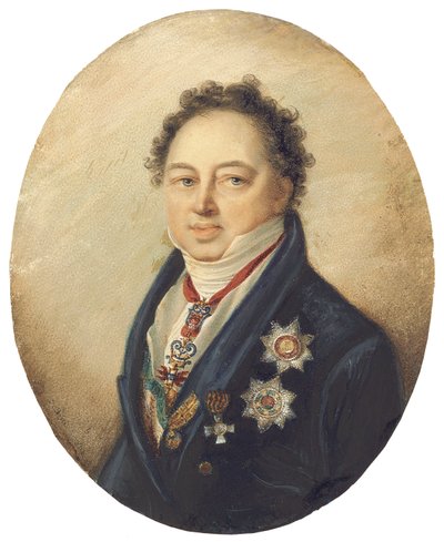 Conde Dmitry Pavlovich Tatishchev, mirando a la izquierda con abrigo azul, chaleco blanco y corbata de Giovanni Domenico Bossi