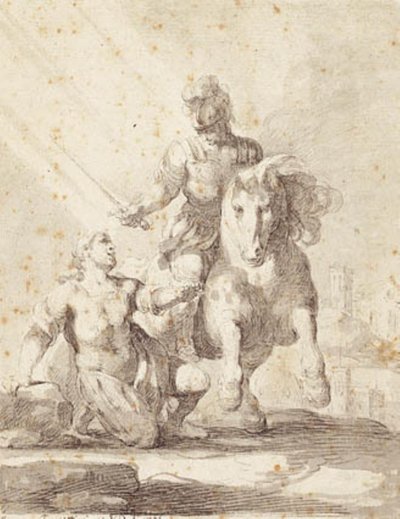 Soldado en vestimenta antigua blandiendo una espada sobre un soldado arrodillado de Giovanni Domenico Ferretti