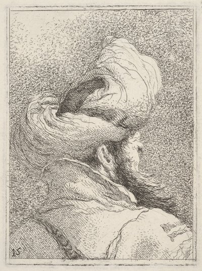 Hombre barbudo con turbante, representado en busto de espaldas en vista de tres cuartos, de «Colección de cabezas» (Raccolta di teste) de Giovanni Domenico Tiepolo