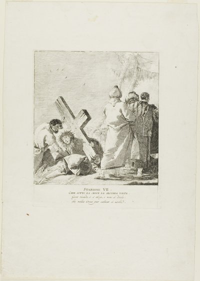 Cristo cae bajo la cruz por segunda vez, lámina siete del Vía Crucis de Giovanni Domenico Tiepolo